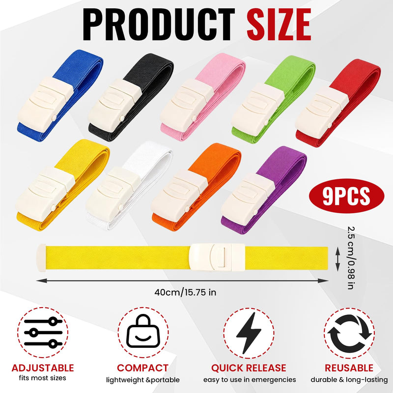 Pack of 9 Blood Removal Tubes, Vein Storage, Snap Closure, 9 Colors | Highly flexible nylon tourniquet, 2.5 x 40 cm, suitable for use at home, outdoors and in the hospital
