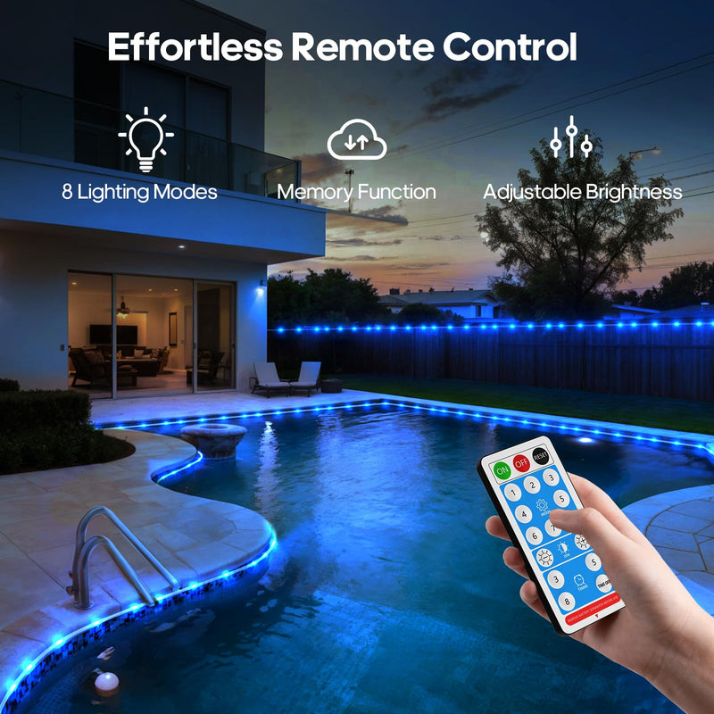 ICRGB Solar Pool Lights for Above Ground, 66FT 200LED 1200mAh Solar Rope Lights Outdoor, IP67 Waterproof Blue String Light with Remote, 8 Modes & Timing, Pool Garden Patio Fence Walkway Christmas