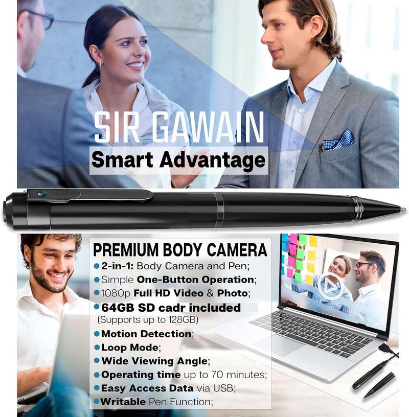 SIRGAWAIN 64GB Premium Body Camera Pen - Full HD Video and Photo, Long Battery Life, Motion Detection, Easy to Use 1080p Body Cam Royal Black + 64GB