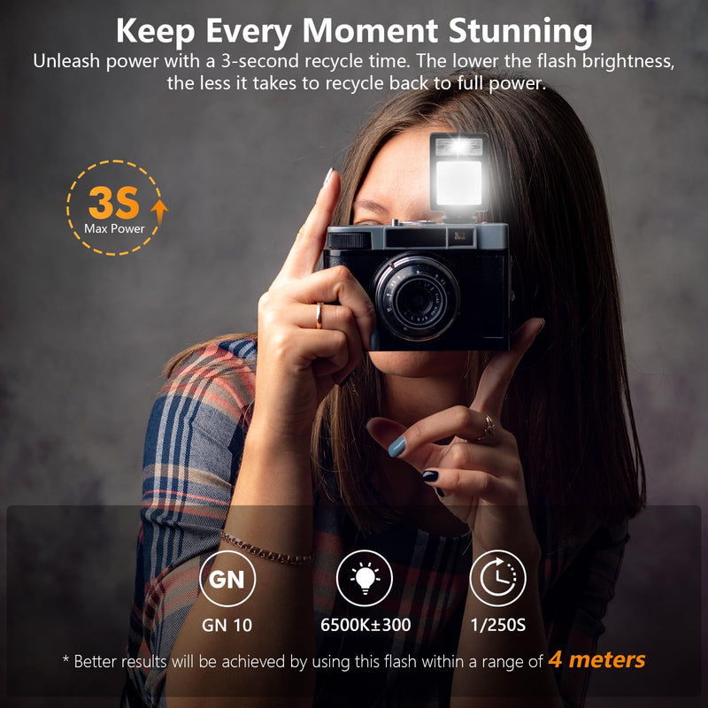 Camera Flash with Video Light, 2500K-6500K Mini Flash Speedlite, Adjustable Brightness Small Camera Speedlight, Universal Single Contact Hot Shoe Mount, Compatible with Canon/Nikon/Sony/Fuji/DSLR