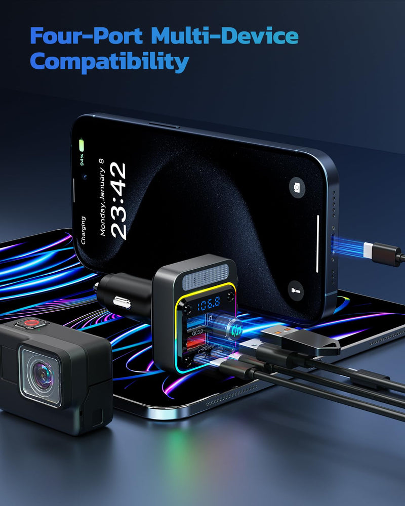 Nulaxy 54W Bluetooth 5.3 Car Adapter with 4 Charging Ports [PD 36W & QC3.0 18W], Wireless Radio FM Transmitter with Deep Bass Player & 5 Colors LED Backlit, Hands-Free Calling - NX16 Black A-Black