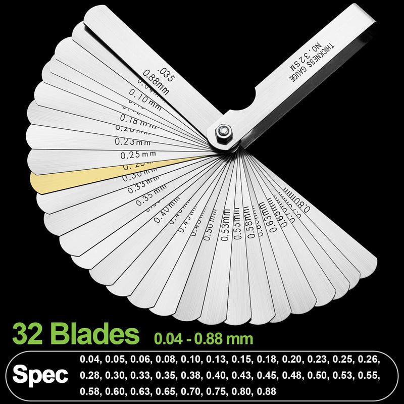 32 Universal Blade Thickness Gauge Stainless Steel Feeler Gauge Metric/Imperial Gap Gauge for Measuring Gap Width/Thickness/Metric Sizes - 0.038-0.88mm 32 Pieces