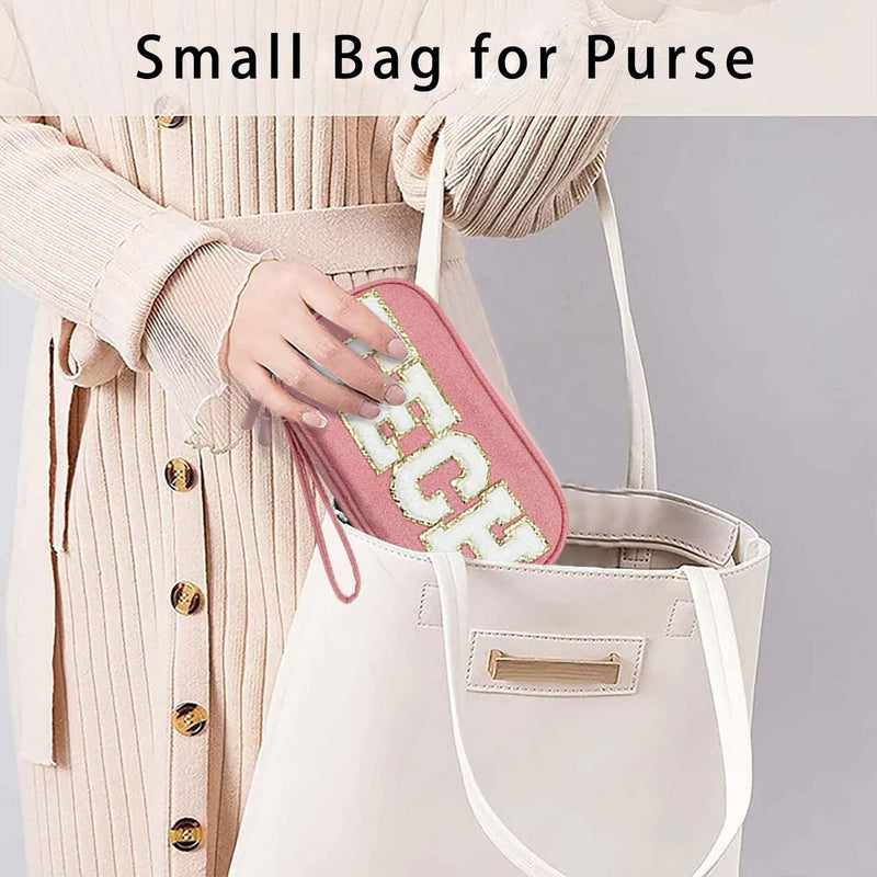 Electronic Accessories Organizer Bag Cable Cord Charger Carrying Pouch with Preppy Chenille Letter Patch TECH, Business Travel Gadget Small Storage Case Essential for Women Teen Girl (Pink) Pink