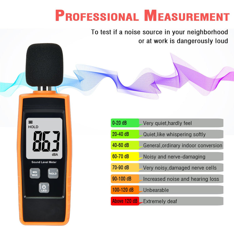 Handheld Sound Level Meter 30~130dB Decibel Noise Meter with Backlight Digital LCD Display for Indoor Outdoor Max/Min/Hold Function Black & Yellow