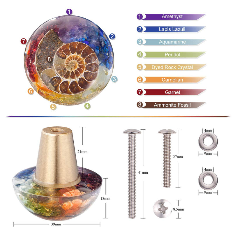 mookaitedecor Chakra Drawer Knobs with Screws Set of 2, Ammonite Fossil Resin Crystal Stone Pulls Handle for Dresser Cupboard Kitchen Wardrobe Decorative Circular