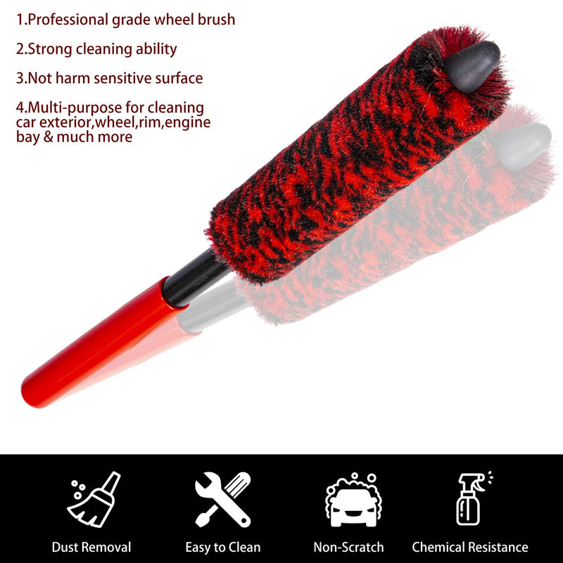 Metal Free Soft Wheel Cleaner Brush, Synthetic Wool Car Cleaning Brush, Highly Water Absorption, Dense and Durable Tire Brush for Cleaning Wheels, Rims, Spokes, Fenders, Engines… black+red