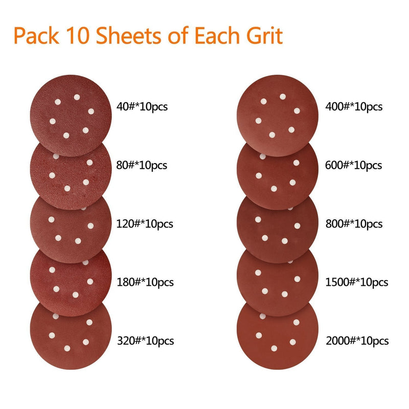 SPTA 100 pieces 150 mm 40/80/120/180/320/600/800/1000/1500/2000 sanding discs sandpaper eccentric sanders grit, with 6 holes for eccentric sanders
