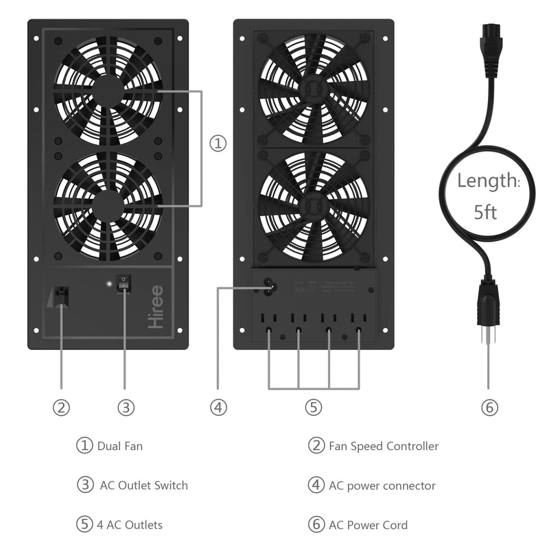 Hiree Quiet Cooling AC Fan Dual 4 inch Ventilation Axial Muffin Fan with 4 AC Power Outlet for Home Theater Receiver DVR Amps AV Computer Cabinet Closet Electronic Equipment DIY Vent Exhaust System