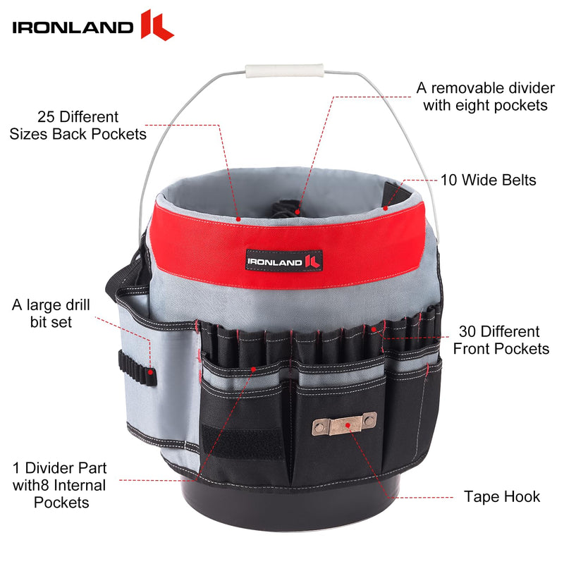 IRONLAND Bucket Tool Organizer Fit 3.5-5 Gallon Bucket, 64 Pockets, Bucket Tool Caddy Organization for Garden, Construction, Carpenter, Electrician, Builder red Medium - 64 Pockets
