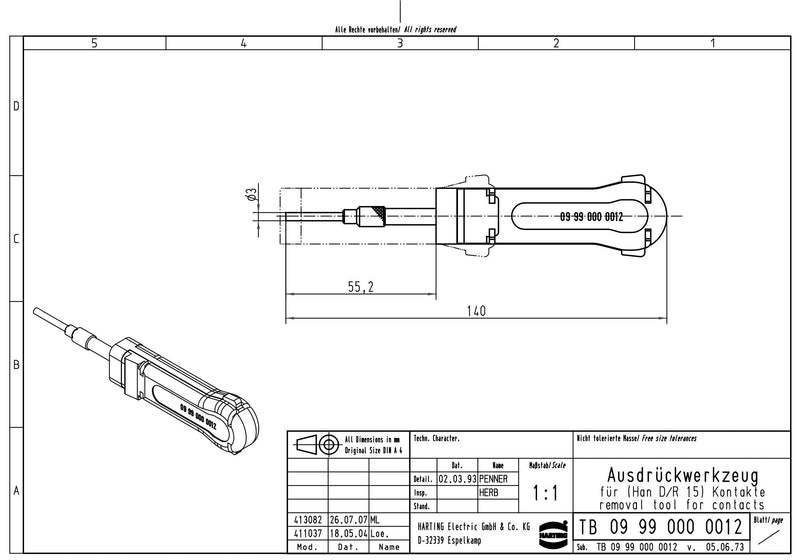 Harting extraction tool for Han D contacts 09990000012