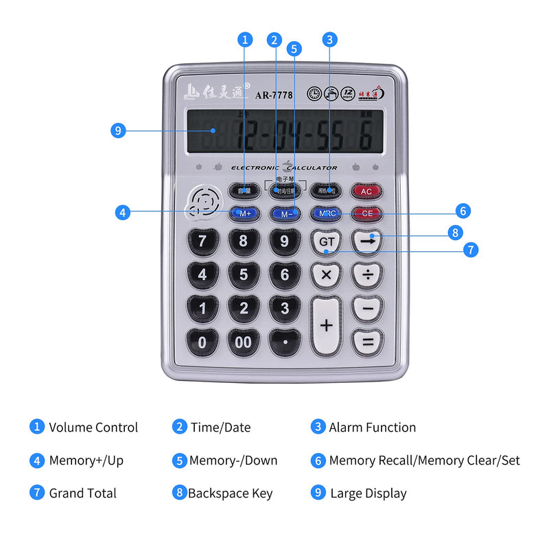 Calculators Large Display,Musical Desktop Calculator 12-Digits LCD Display Electronic Calculator Counter Big Buttons with Music Piano Play Time Date Show Alarm Clock Function for Office