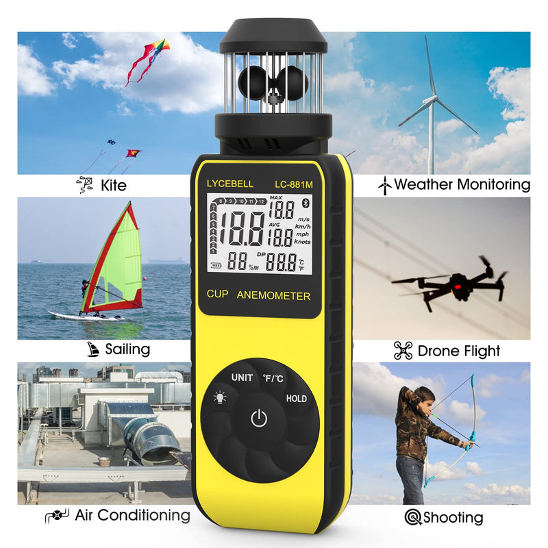 Anemometer Handheld LC-881M Portable Anemometer Wind Speed Meter Measures Wind Speed/Temperature with Compass, 360° Wind Direction Wind Cup Anemometer