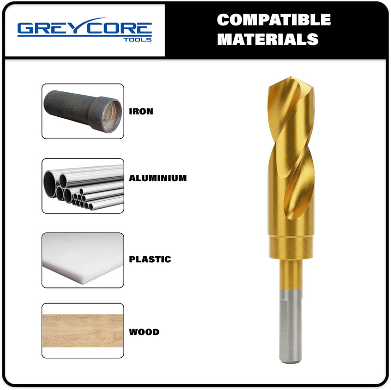 Greycore Tools 1-3/8 Inch Reduced Shank Drill Bit, 1/2" 3-Flat Shank, High Speed Steel with Industrial Titanium Coating, Drill Bit for Steel, Iron, Wood, Plastic (1-3/8" x 6" RS) 1-3/8"