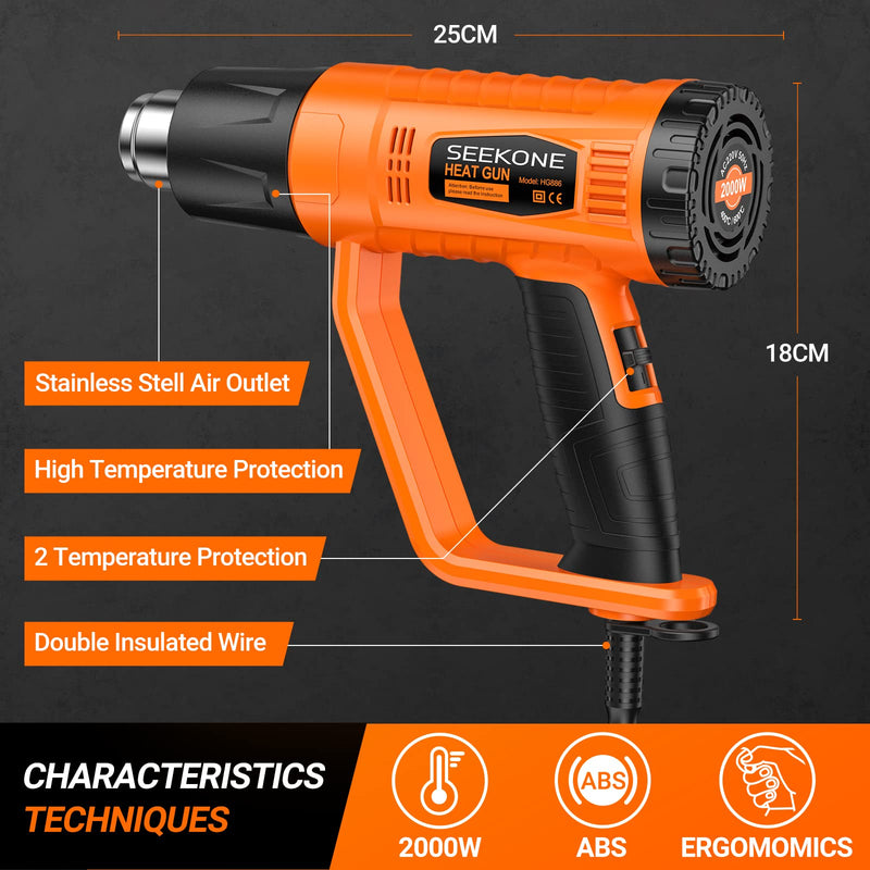 SEEKONE hot air gun, 2000W hot air dryer (400℃/600℃) high performance with 2 temperature settings, non-slip handle, flame retardant protective cover, 4 nozzles for removing paint, soldering pipes