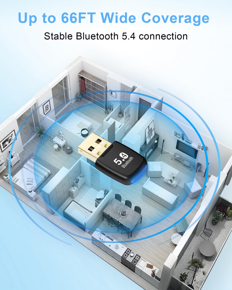 5.4 Bluetooth Dongle - 20M Range USB Adapter for PC, Plug and Play, Supports Laptop Headphones, Keyboard, Mouse - Windows 11/10/8.1