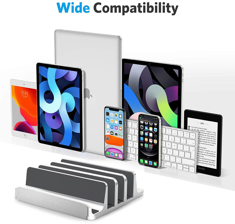 Vertical Laptop Stand [Updated Version],3-Slot Desktop Stand Holder with Adjustable Dock,4 in 1 Design Aluminum Space-Saving Laptop Stand for Desk MacBook/Surface/Samsung/HP/Dell/Chrome Book (Silver)