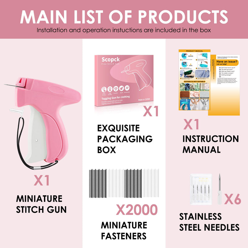 Handheld Stitch Tag Gun for Clothes, Quick Clothing Fixer, Tagging, Sewing Kit Includes 6 Needle, 1000 Black Fasteners & 1000 White Fasteners, Pink