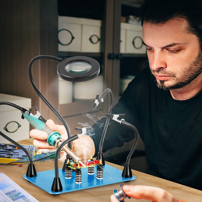 Toolour Magnetic Helping Hand with Light, Third Hand Soldering Tool with 3X LED Magnifier (No Adapter), Soldering Holder with 4 PCB Columns, 4 Flexible Arms Soldering Station, Ideal for Soldering 4AB-BL