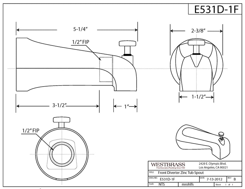 Westbrass E531D-1F-2-50 5-1/4" Reach Wall Mount Tub Spout with Front Diverter, Powder Coat White (2-Pack) 2 Pack