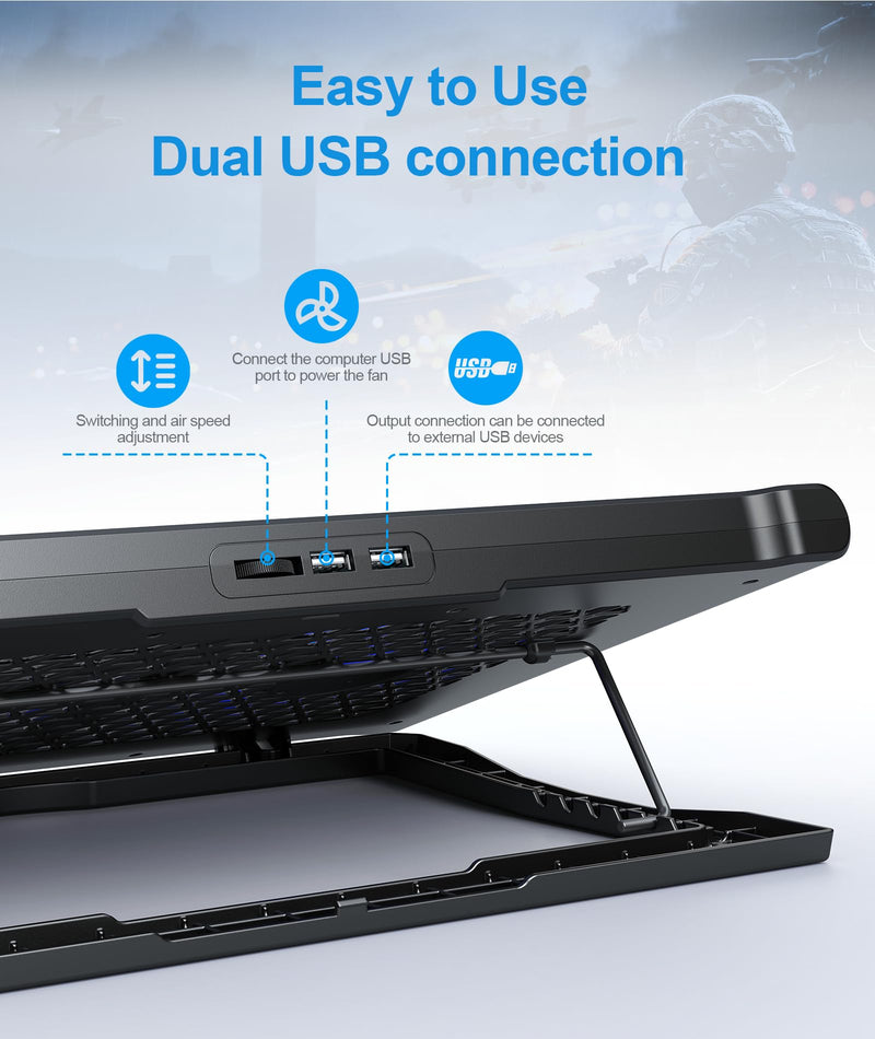 Laptop Cooling Pad Stand, Laptop Cooler with 2 Silent Fans for 10-15.6 Inch Laptops,6 Levels of Height Adjustable Wind Speed with 2 USB Ports (Black) Black