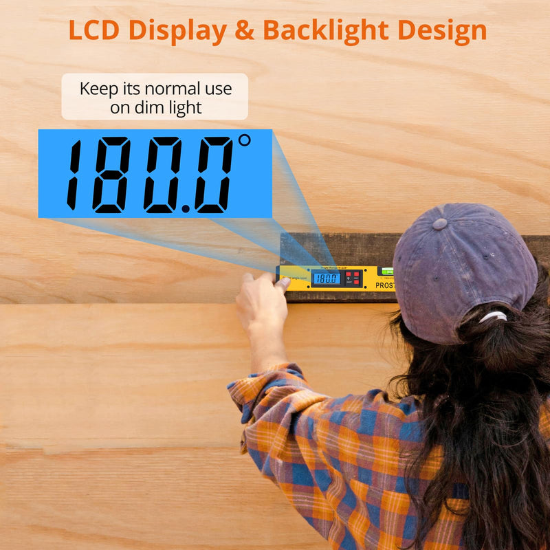 Proster Digital Angle Finder Gauge - Aluminum Angle Finder 16 inch 400mm with LCD Vertical Horizontal Spirit Level and Magnetic Base for Woodworker Yellow