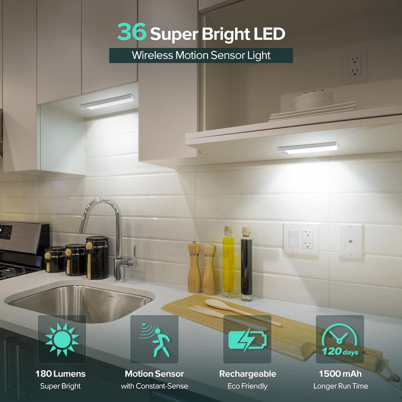 Under Cabinet Lights 3-Pack, Wireless Motion Sensor Lighting with 36 LEDs, 3 Modes, 1500mAh Rechargeable Battery for Kitchen, Hallway, Stairs & Closet 5500K Daylight White 3 Packs-9 inches