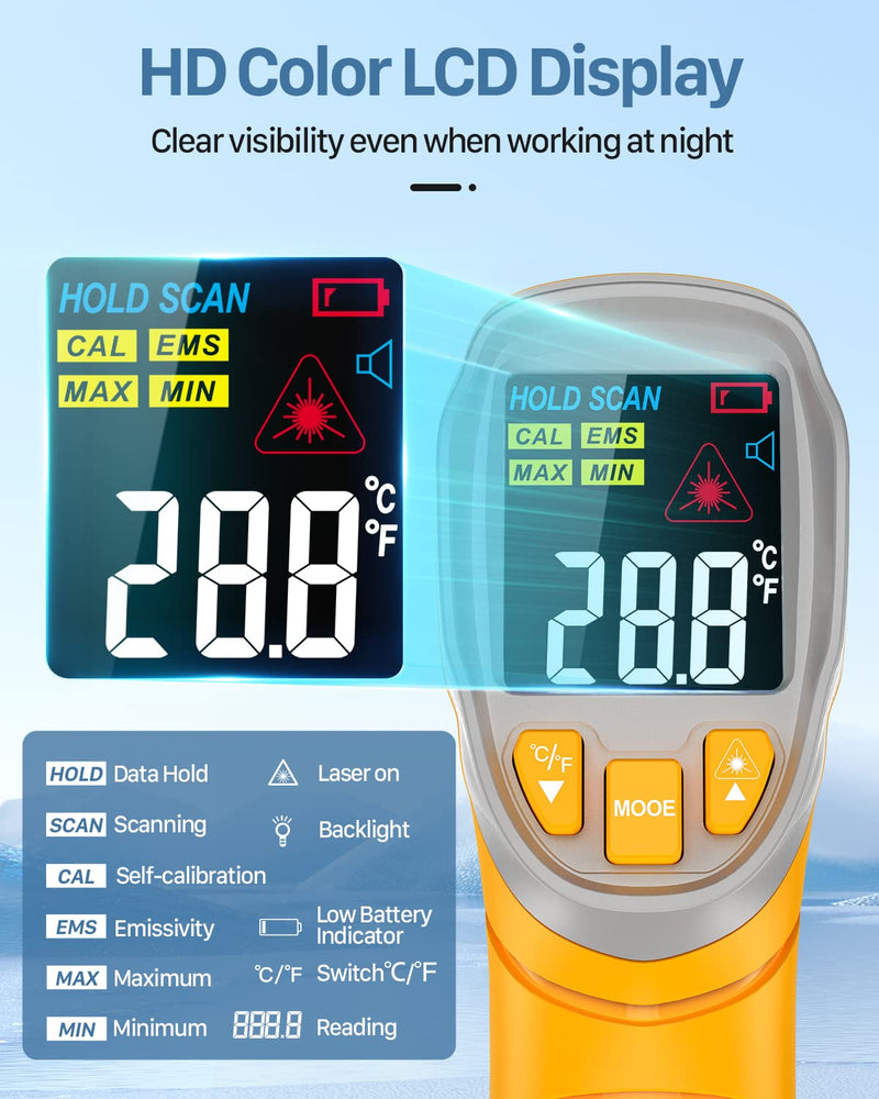 Eventek Infrared Thermometer, -50°C ~ 600°C Temperature Meter, 0.1-1.0 Adjustable Emissivity Laser Thermometer, Colored HD Screen Thermometer for Kitchen, Pizza, Cooling, Industry yellow