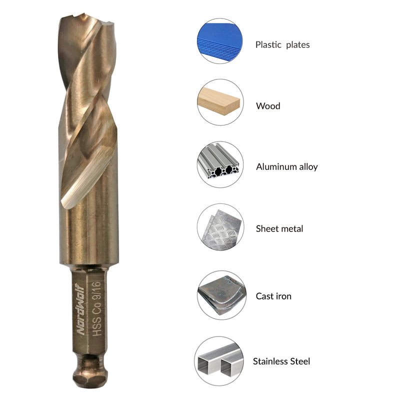 NordWolf 5/8" M35 Cobalt Stubby Drill Bit for Stainless Steel & Hard Metals, with 5/16" Hex Shank for Quick Chucks & Impact Drivers 5/8 in