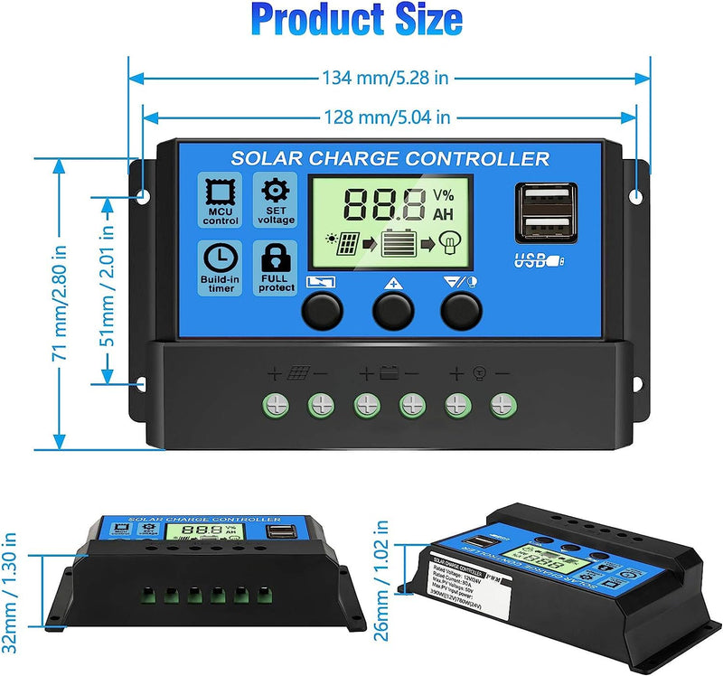 [Upgraded] 30A Solar Charge Controller, 12V/ 24V Solar Panel Regulator with Adjustable LCD Display Dual USB Port Timer Setting PWM Auto Parameter