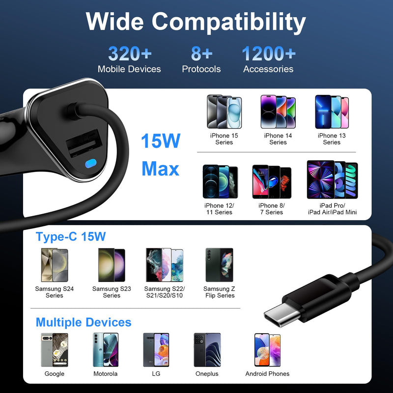 USB C Fast Samsung Car Charger with 3ft Type C Coiled Cable for Samsung Galaxy A55 A15 A35 A54 S24 S23 Ultra S22 S21 FE S20 S10 A14 A13 A53,3.4A Android Car Phone Charger Adapter for iPhone 15 Pro Max