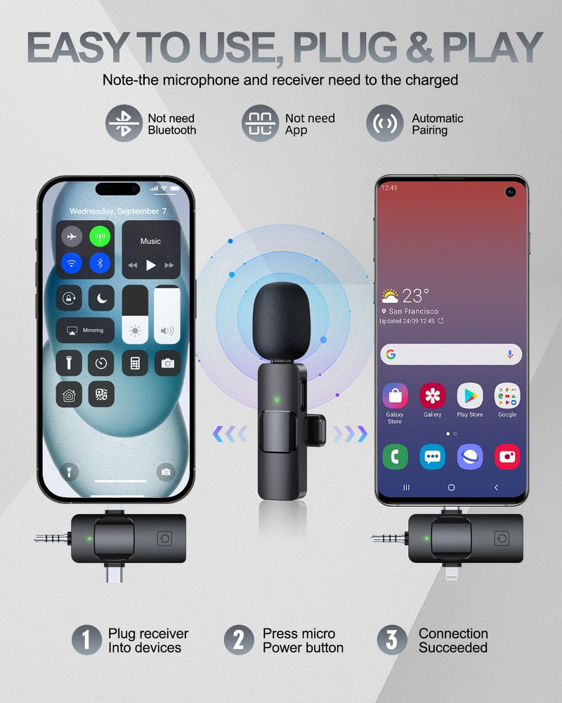 PQRQP 3 in 1 Professional Wireless Lavalier Microphone for iPhone, Android, Camera, Wireless Mini Microphones, Crystal Clear Sound Quality for Recording, Live Streaming, YouTube, TikTok, Elegant Black