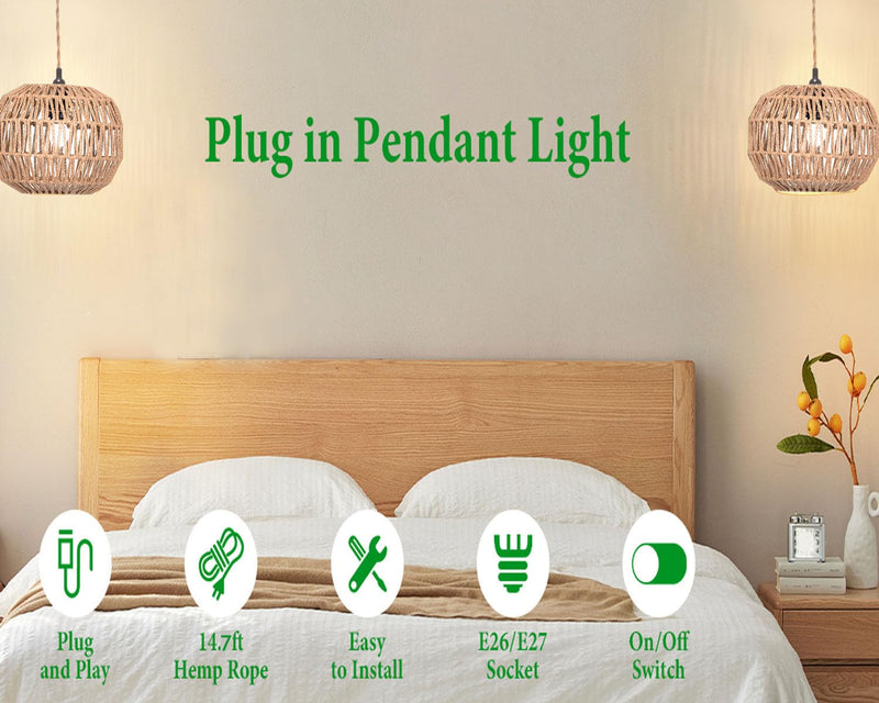 Hanging Light .Ceiling Lamp Pendant Lights Rattan Hanging Lamp with Plug in Cord for Living Room. Bedroom .Kitchen.Indoor Hanging Lamp Plug in Woven Lampshade (Brown-PX) Brown-PX