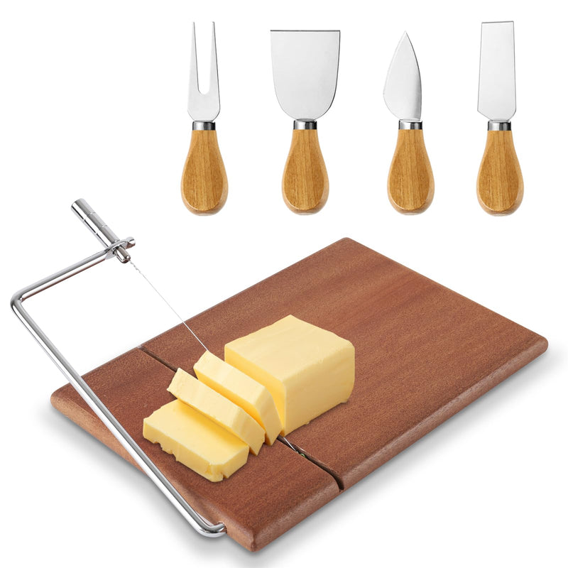YLOLUL Replaceable Wire Cheese Slicer with Board Tightness Adjustable Cheese Slicer Wood Cheese Cutter and Cutting Board 9-1/2"x6-5/8" with 4pcs Knives Set for Block Cheese, Easy to Replace Acacia Wood