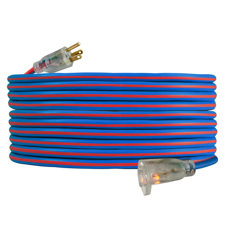 US Wire and Cable 14/3 Gauge x 25-Foot Extreme Cold Weather Extension Cord – Heavy-Duty, 221°F to - 94°F Rating, Lighted Plug, Blue and Red, SJEOOW, Weather-Resistant, Ideal for Outdoor & Indoor Use 25 ft