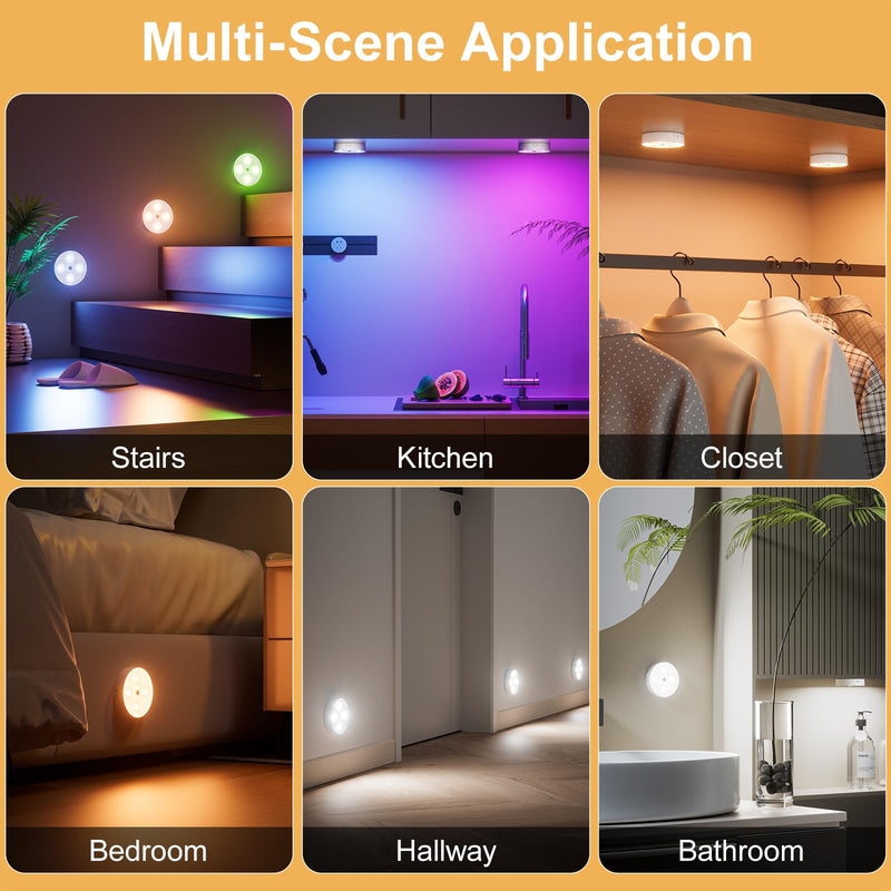 Puck Lights with Remote, Rechargeable 1500mAh Motion Sensor Night Lights, 13 RGB Colors, Dimmable LED Under Cabinet Lighting, Magnetic Stick-On Lights for Closet, Kitchen, Stairs, Counter, 6 Pack RGB Multicolor