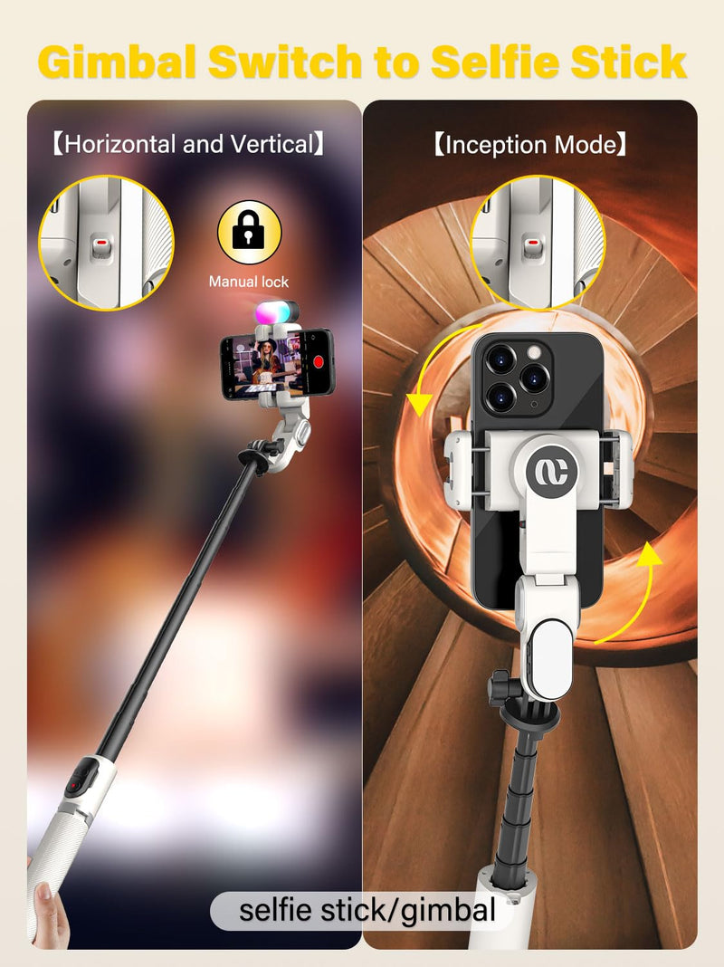 Smartphone Gimbal Stabilizer, Stabilizer Face Tracking Without APP - 4 in 1 Cellphone Gimbal Stabilizer for iPhone&Android Extended 108cm Rod with RGB Fill Light, AOCHUAN M2PRO White