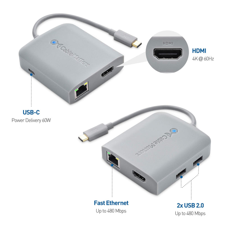 [Works with Chromebook Certified] Cable Matters USB C Hub Multiport Adapter with 4K HDMI, 2X USB 2.0, 480Mbps Ethernet, and 60W PD
