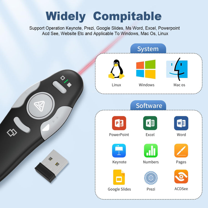 QUI 2 Pack Presentation Clicker, Wireless Presenter Remote Clicker for PowerPoint, Slide Advancer for Mac, Windows, Google Slide, Keynote (USB, Black Blue) USB