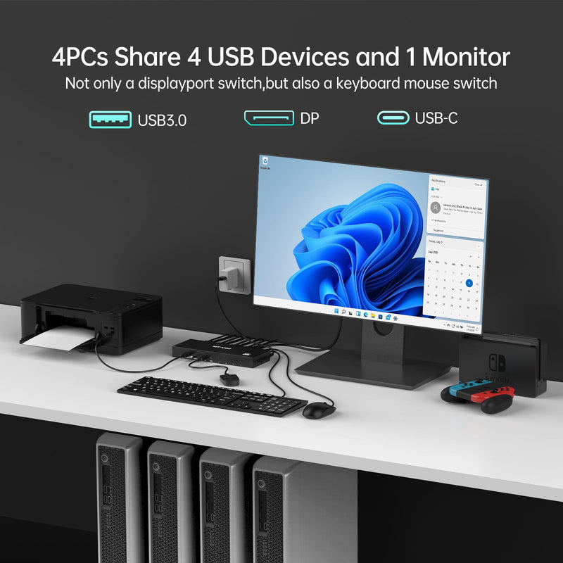 MT-VIKI 8K Displayport KVM Switch 4 in 1 Out DP1.4 with 4 USB 3.0 Ports, Support 8K@60Hz 4K@144Hz Share 1 Monitor Keyboard Mouse U-Disk Printer, with 4 USB A to C Cables 4 Port