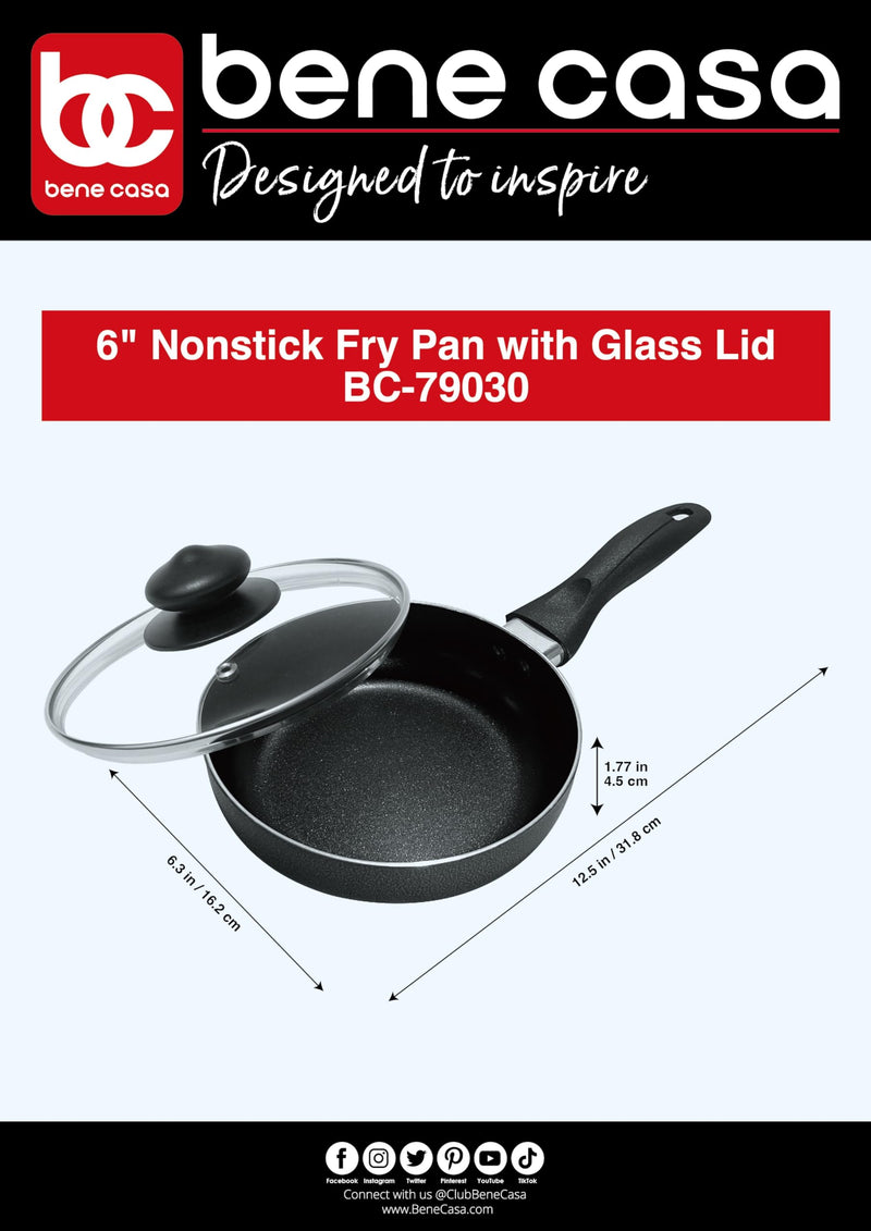 Bene Casa - Black Nonstick Aluminum Frying Pan with Glass Lid (6") - Dishwasher Safe for Easy Cleaning