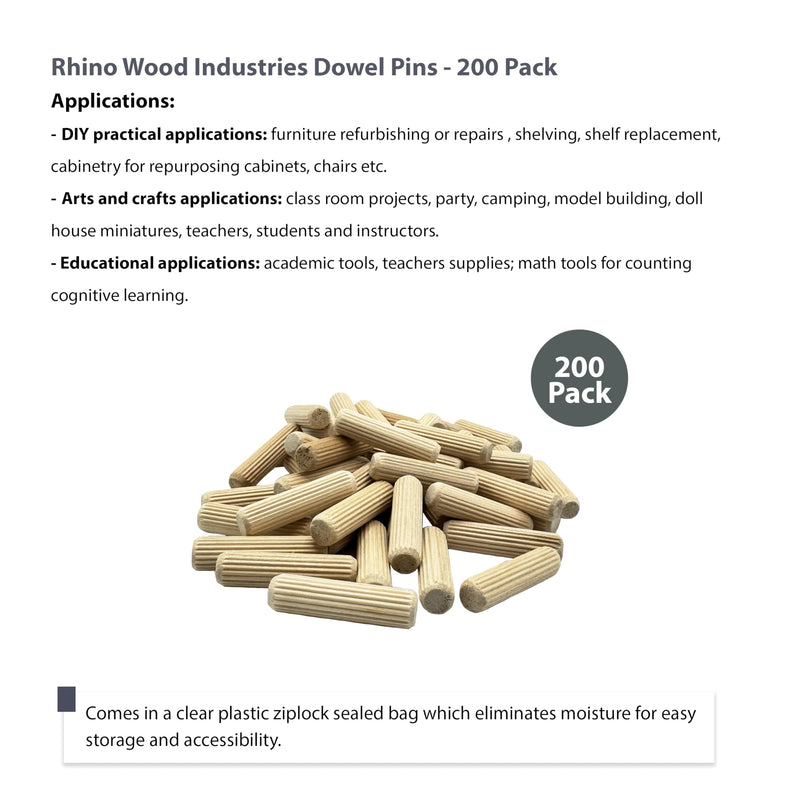1/2" x 2" Wooden Dowel Pins, 200-Pack – Birch Hardwood, Kiln-Dried, Fluted & Beveled (1/2" x 2", 200pk) 1/2" x 2"