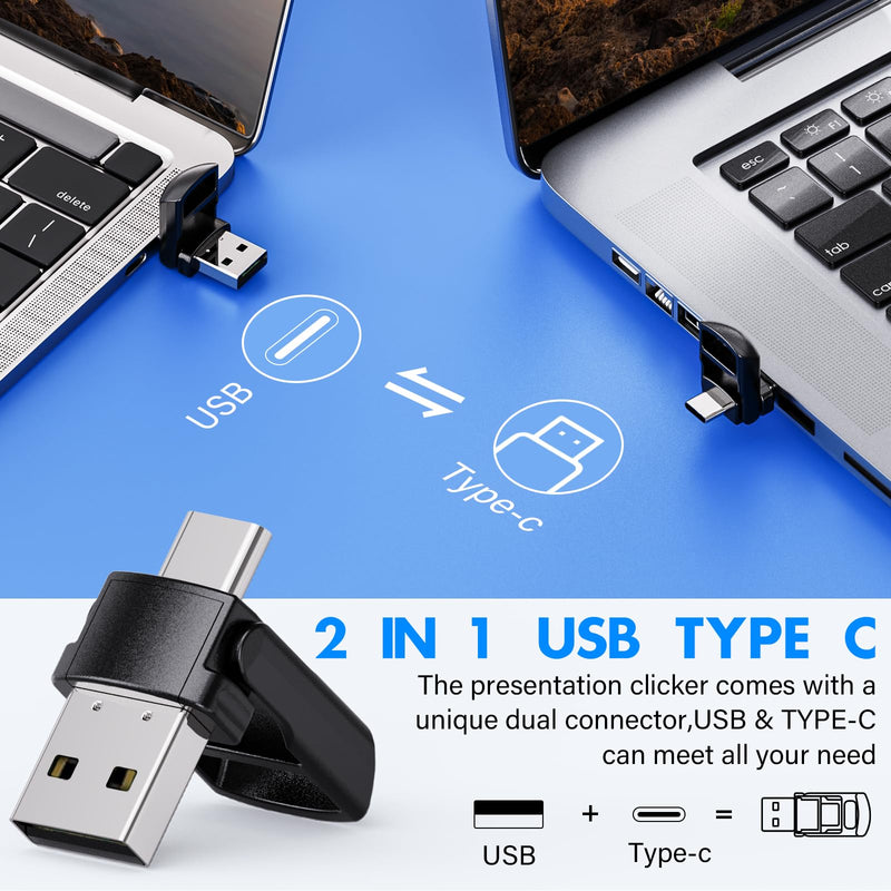 Presentation Clicker with 2-in-1 USB Type C, Wireless Presenter Remote Clicker for PowerPoint Presentations, Pointer RF 2.4GHz USB PowerPoint Clicker Slide Advancer with Volume Control F04 AAA-USB-C