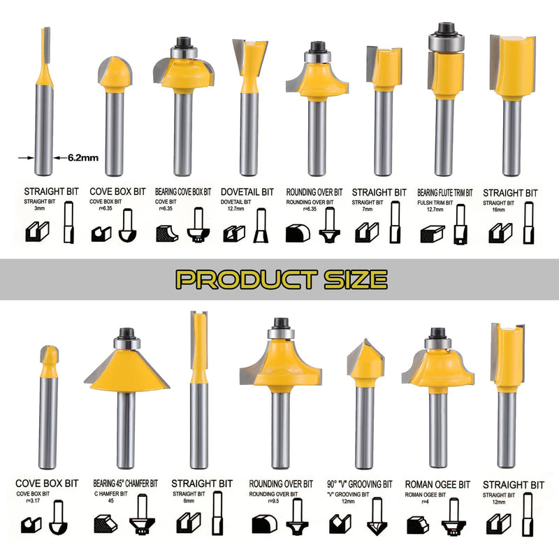 Gueenky 15 pieces cutter for router 6.35 mm shank, router cutter set, tungsten carbide router with shaft 1/4 inch, router set with wooden case for woodworking