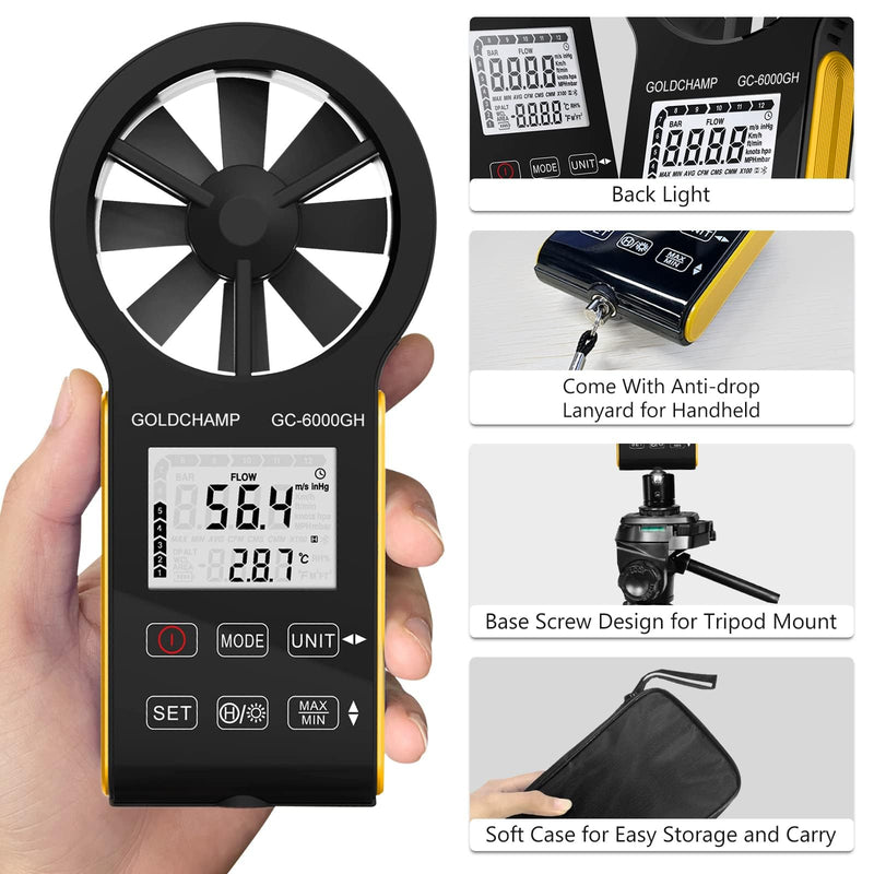Digital Anemometer, CFM Rechargeable & Waterproof Anemometer Measures Wind Speed (0.3~30 m/s), Air Volume (0-999900 ft3/min) Touch Screen, Backlight Display for HVAC, Shooting