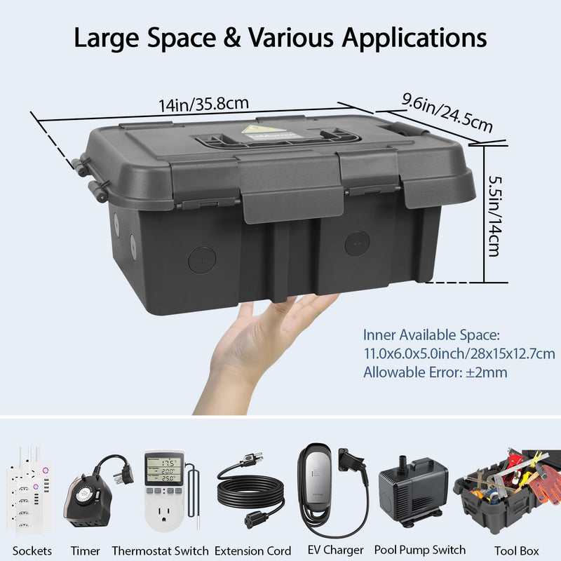 LeMotech Outdoor Electrical Box (External 14x9.6x5.5in), IP55 Waterproof Connection Box with Handle, Extension Cord Cover for Outlet,Pool Pump,Timer,Power Strips,Holiday Light Decoration, Black