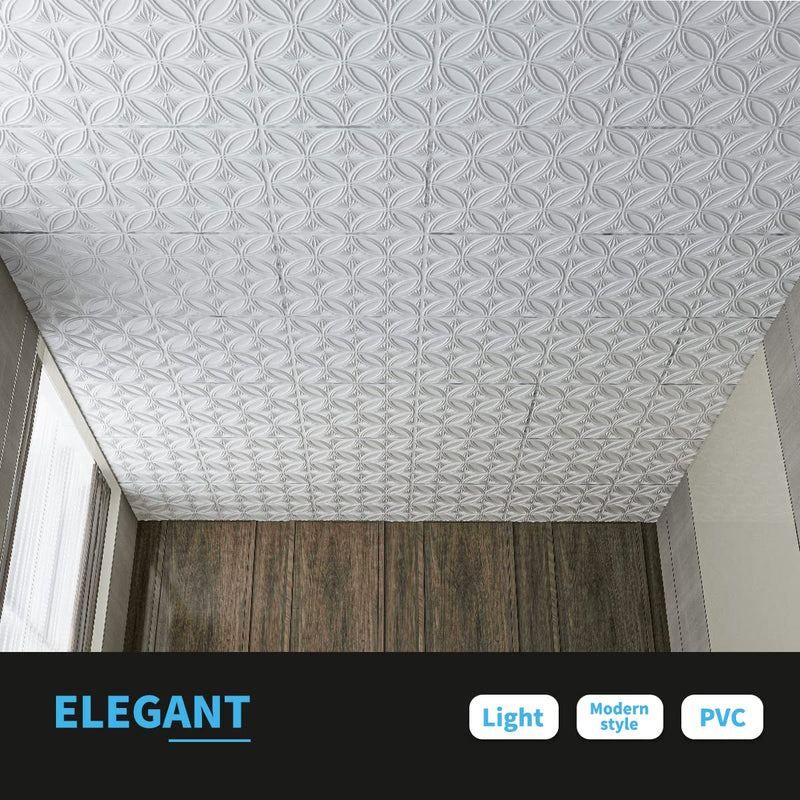 Art3d Decorative PVC Drop Ceiling Tile 2ft x 2ft in White,Glue up Ceiling Panel 24 x 24in.12pcs 24*24
