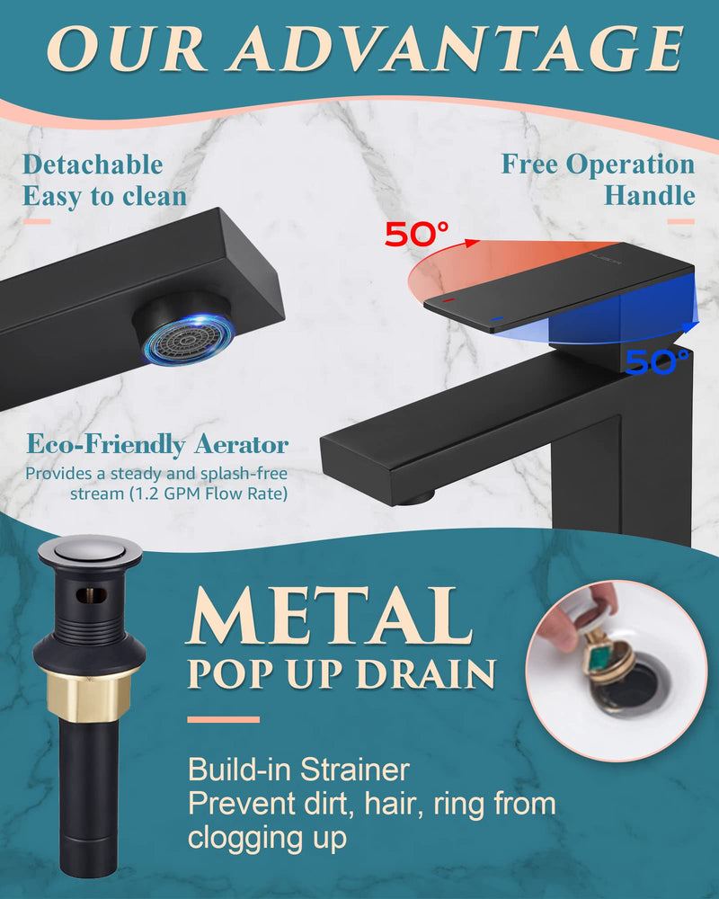 Single Hole Bathroom Faucet, 1-Handle Bathroom Sink Faucet with Pop-Up Drain, 304 Stainless Steel Matte Black for Modern Bath/Vanity SHORT