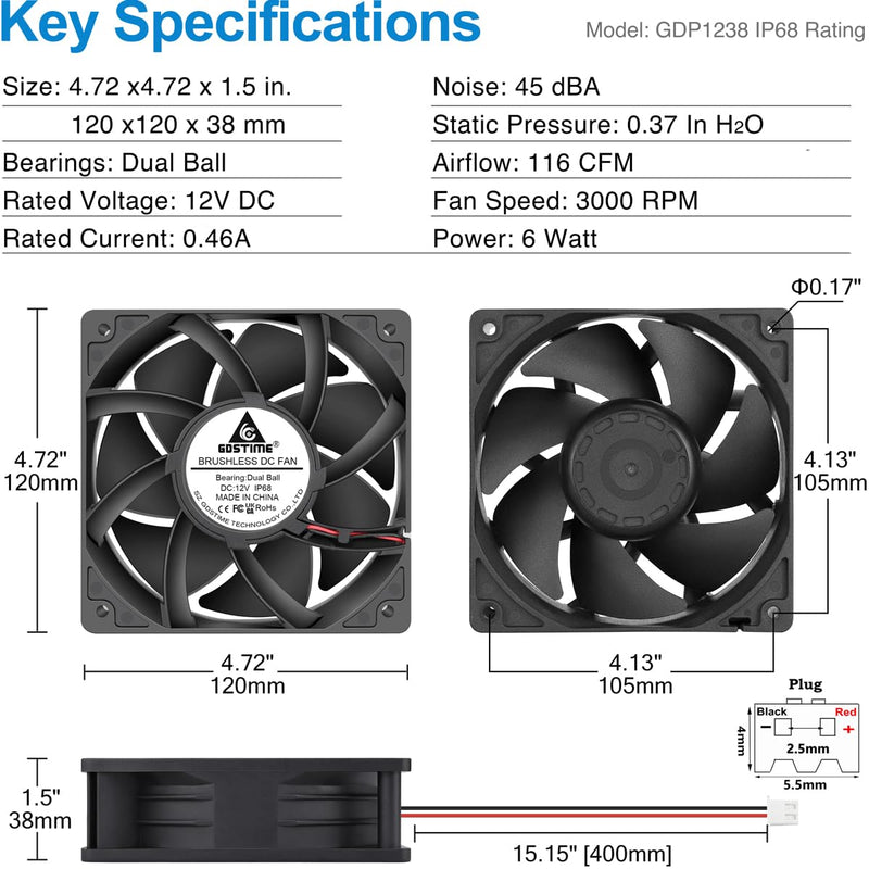 GDSTIME 120mm x 38mm 12V DC IP68 Waterproof Fan, High Speed Dual Ball Bearing Brushless Computer PC Case Exhaust Cooling Fan 2Pin for RV Refrigerator Solar Battery Box Ventilation, 2 Pack 120x38mm