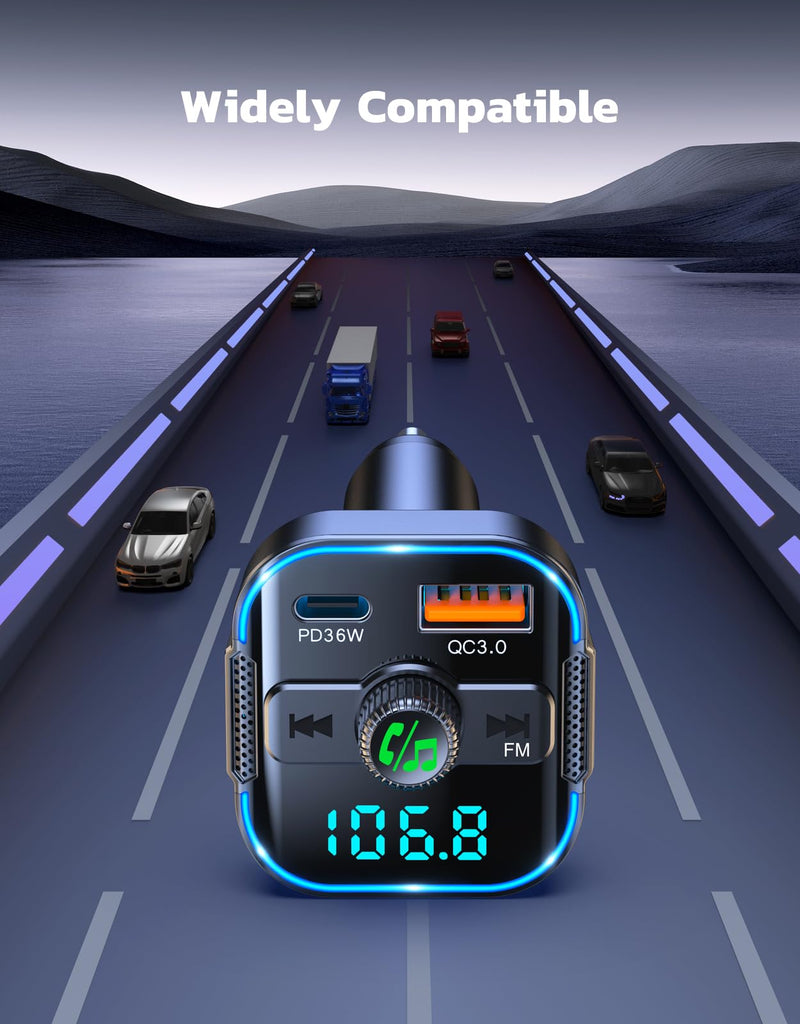 2024 Upgrade Bluetooth 5.3 Car Adapter【PD 36W+QC3.0 18W】, 2-in-1 FM Transmitter 【Dual Stronger Mics】& Fast Car Charger, Wireless Car Radio Adapter Hands-Free Car Kit, Siri Assistant Player