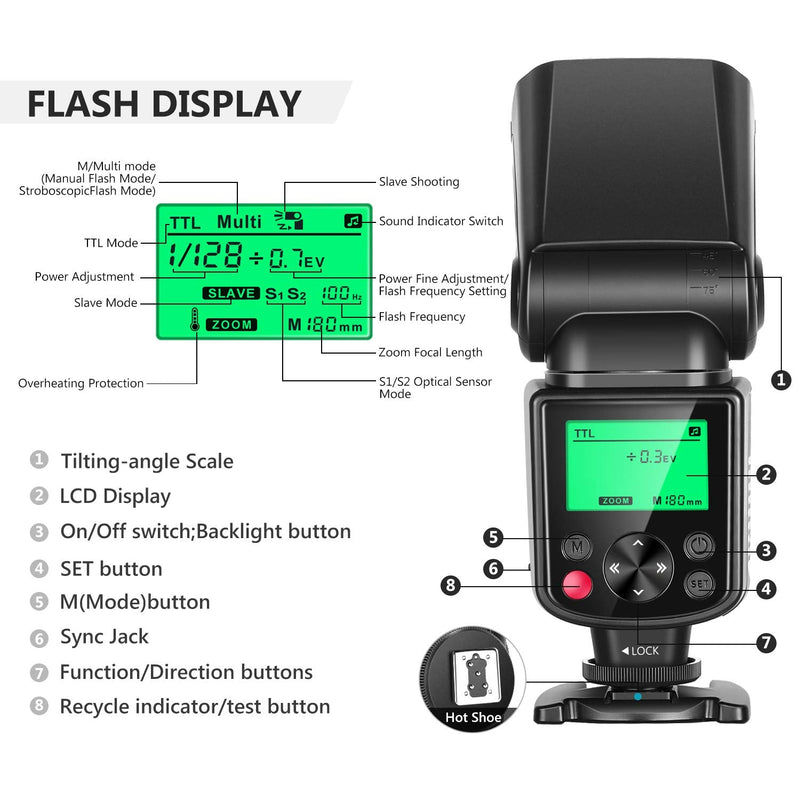 NEEWER 750II TTL Camera Flash Speedlite with LCD Screen, Compatible with Nikon D4 D5 D60 D90 D100 D200 D300S D300 D500 D610 D700 D750 D800 D810 D850 D3400 D3500 D5200 D5300 D7000 D7100 D7200 D7500